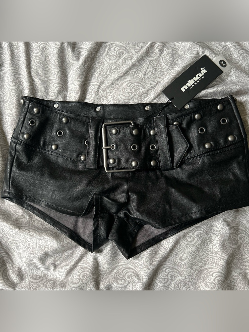 Minga London Black Studded Leather Belted Shorts